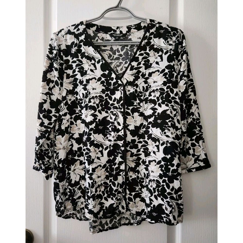 Tom Tailor Womens Floral Blouse V-Neck 3/4 Sleeve Black White Viscose Size 34 XS